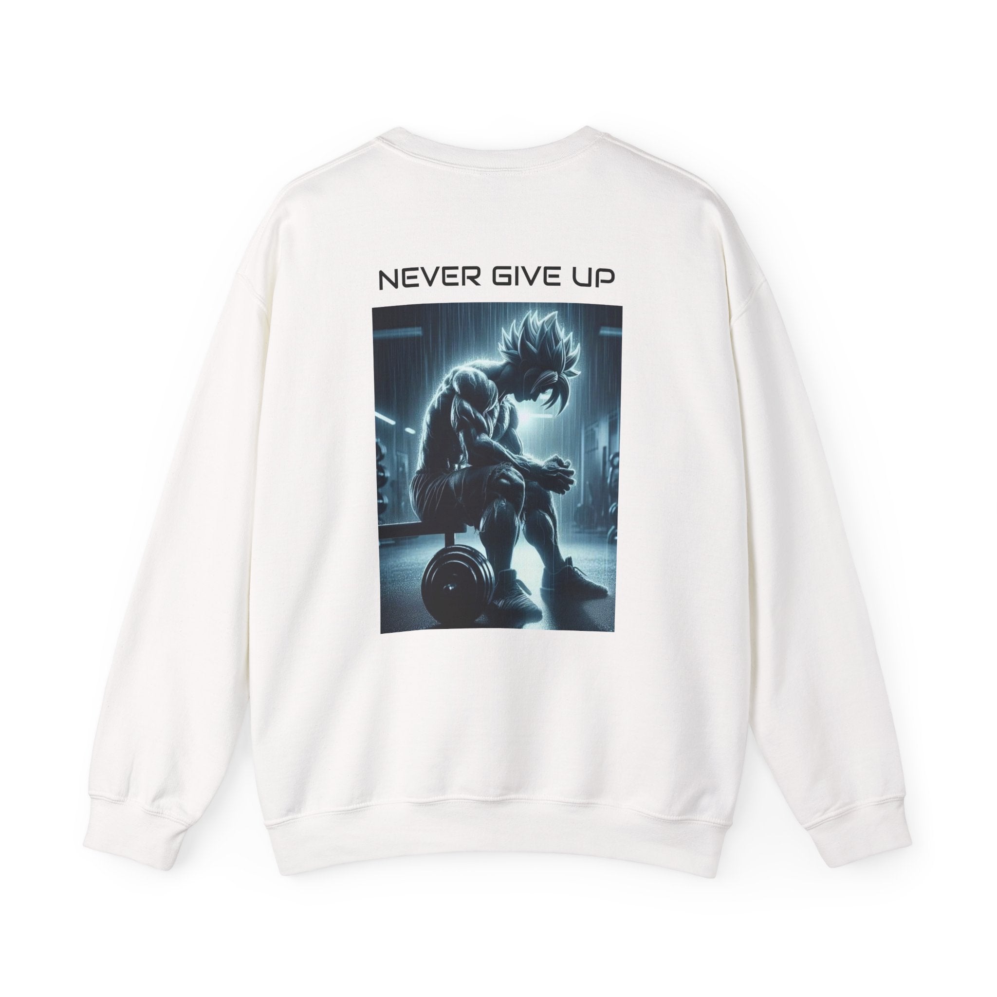 Never Give Up Sweatshirt — Motivational Anime Gym Crewneck (Psalm 28:7)