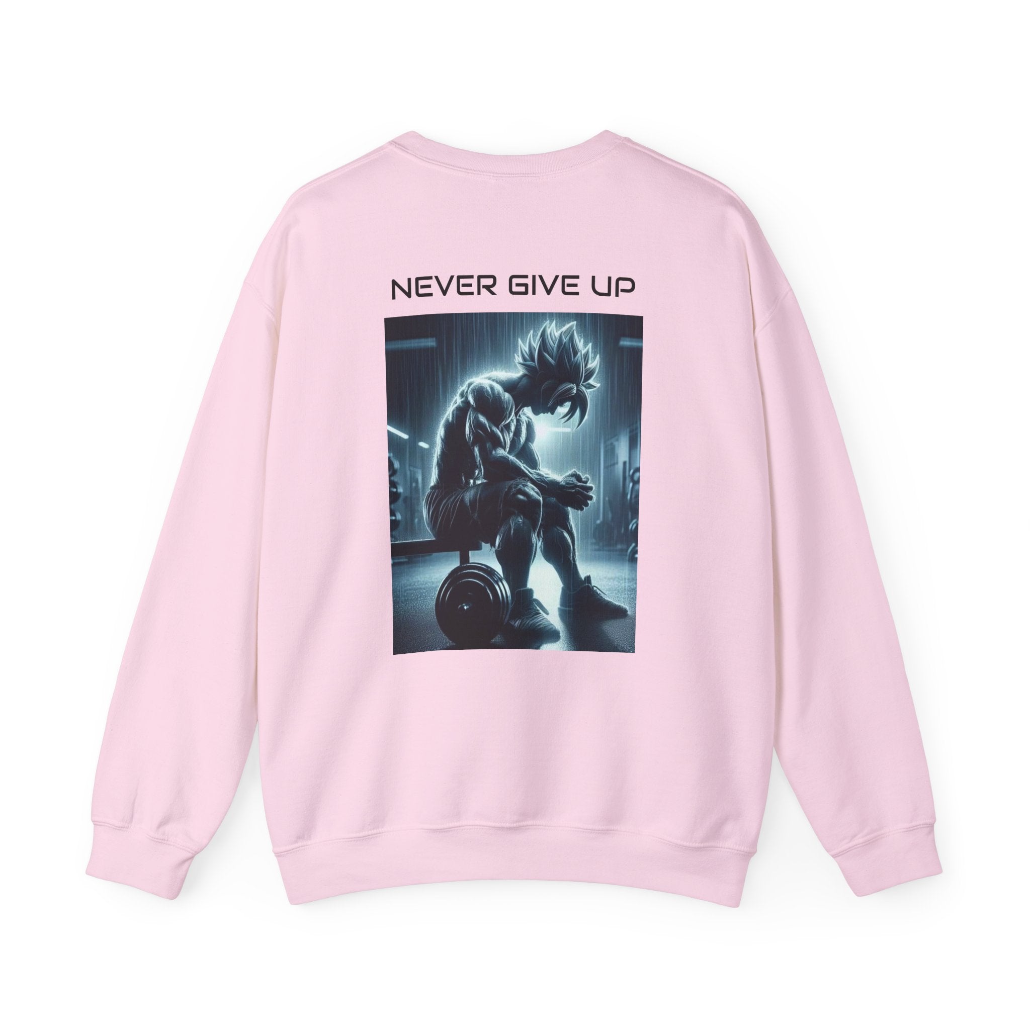 Never Give Up Sweatshirt — Motivational Anime Gym Crewneck (Psalm 28:7)