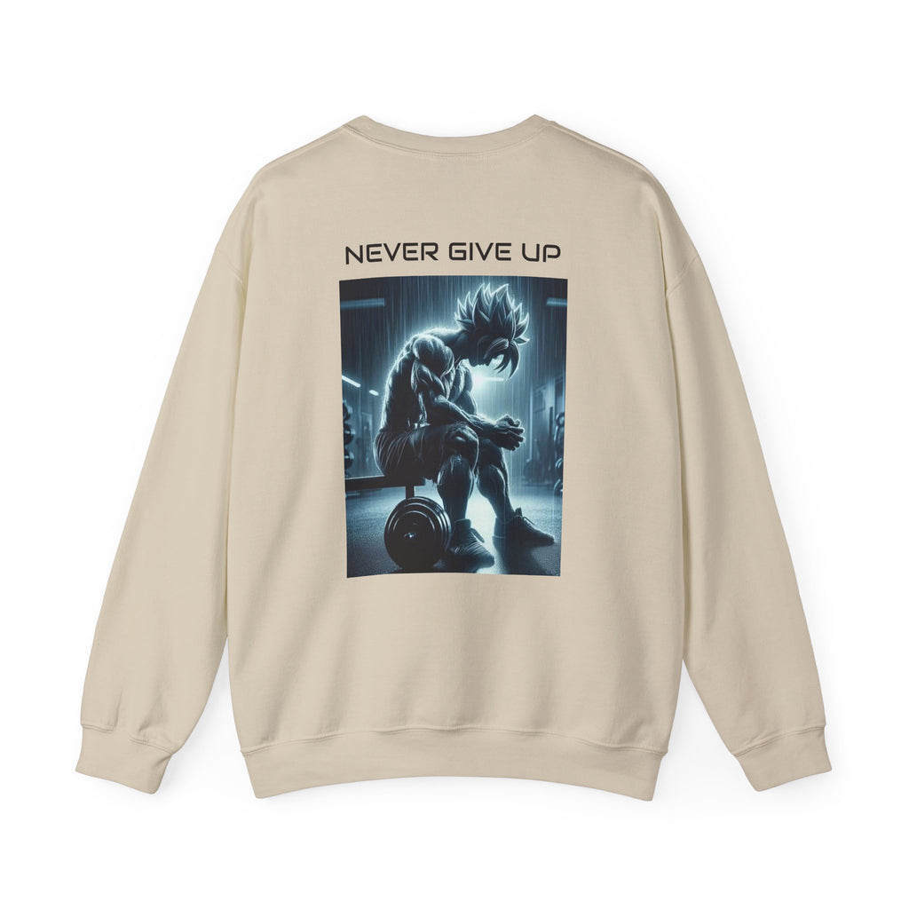 Never Give Up Sweatshirt — Motivational Anime Gym Crewneck (Psalm 28:7)