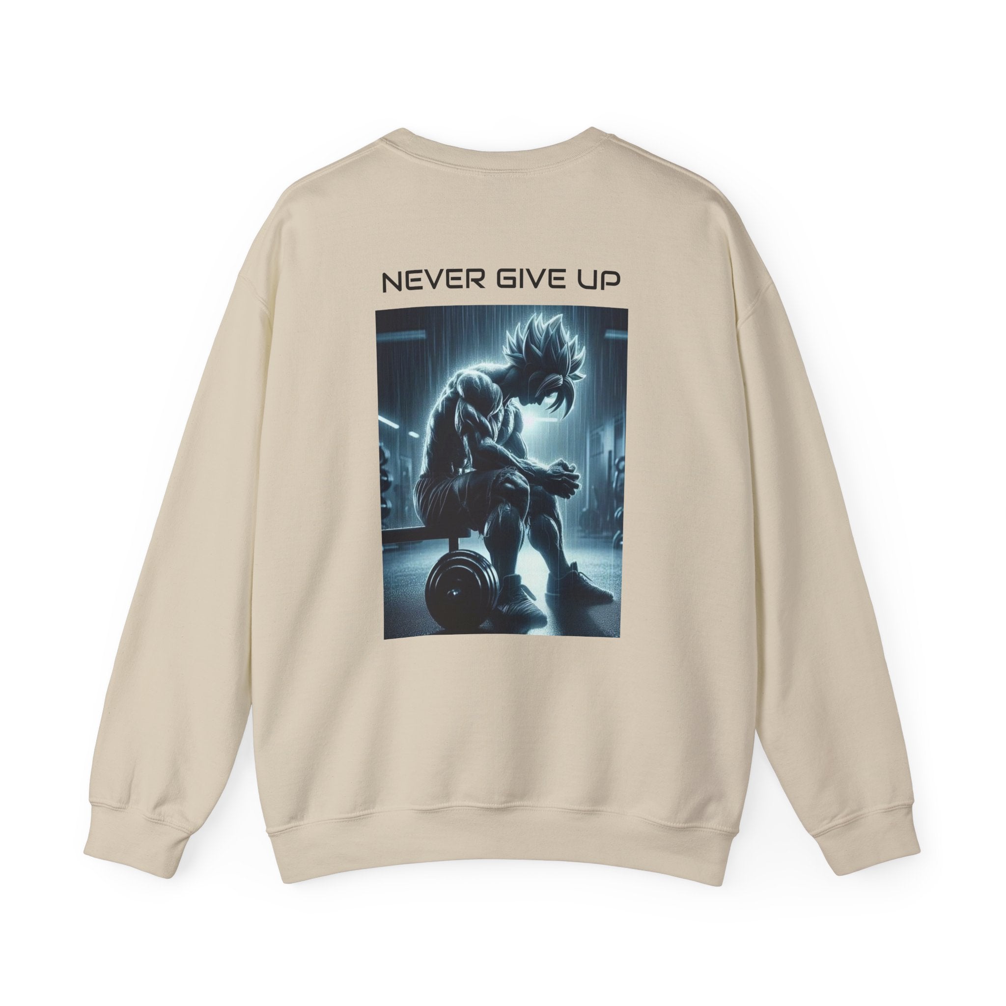 Never Give Up Sweatshirt — Motivational Anime Gym Crewneck (Psalm 28:7)